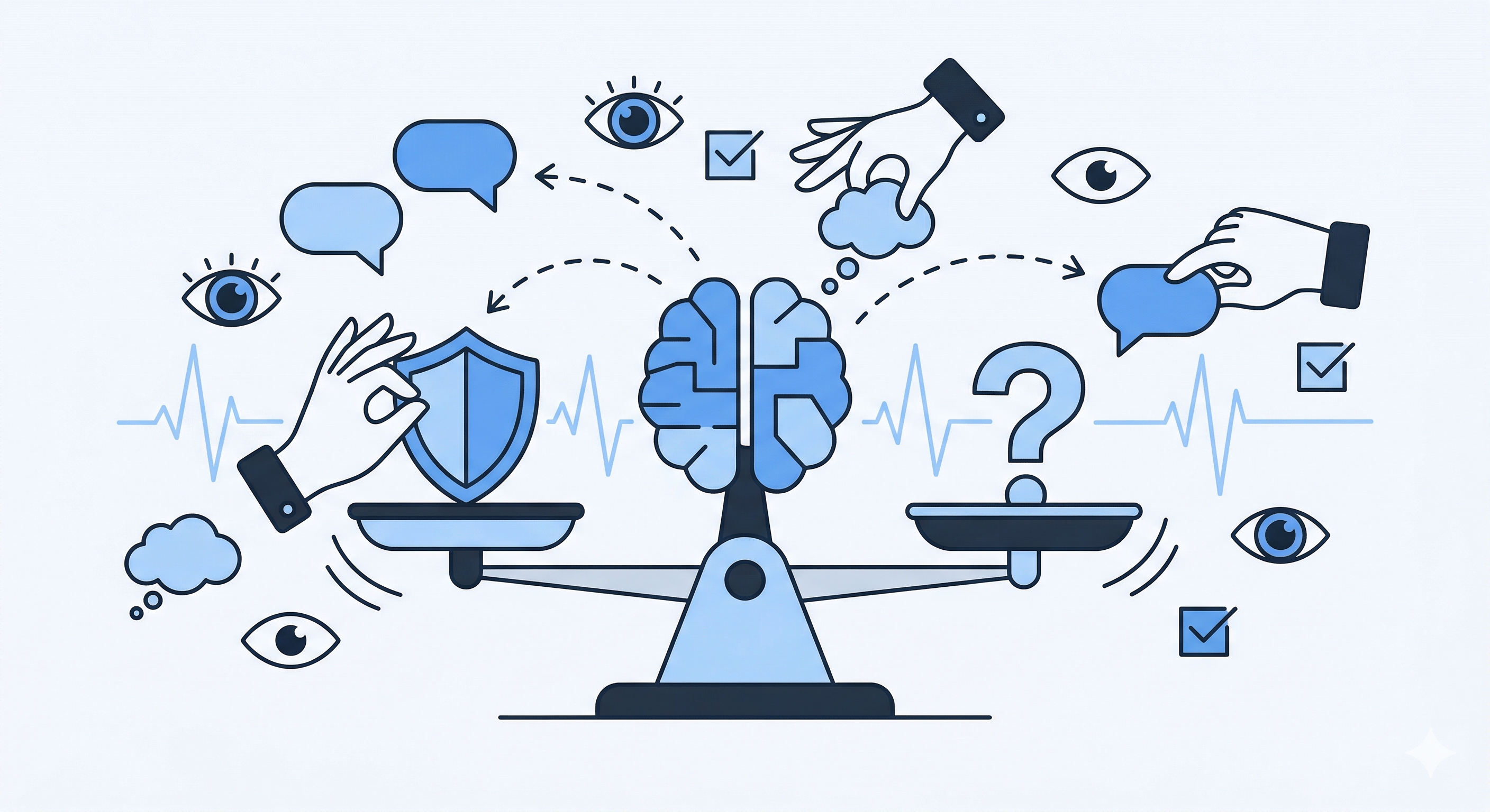 Flat vector illustration of an AI brain on a balance scale with shield, question mark, emotion bubbles, and monitoring elements