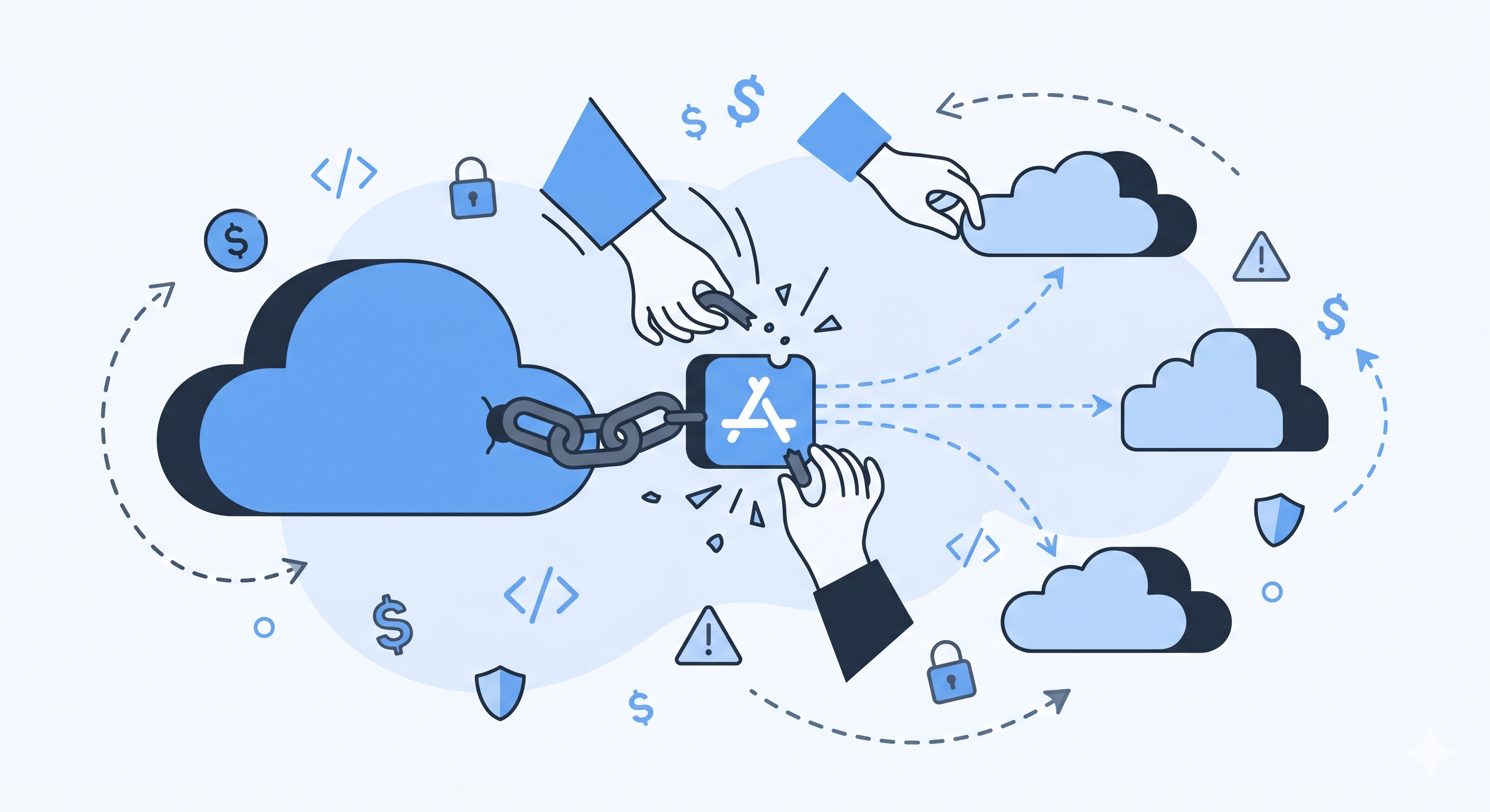 Flat vector illustration of hands breaking a chain between an app and a cloud provider, with dashed arrows connecting to alternative clouds, locks, and dollar signs